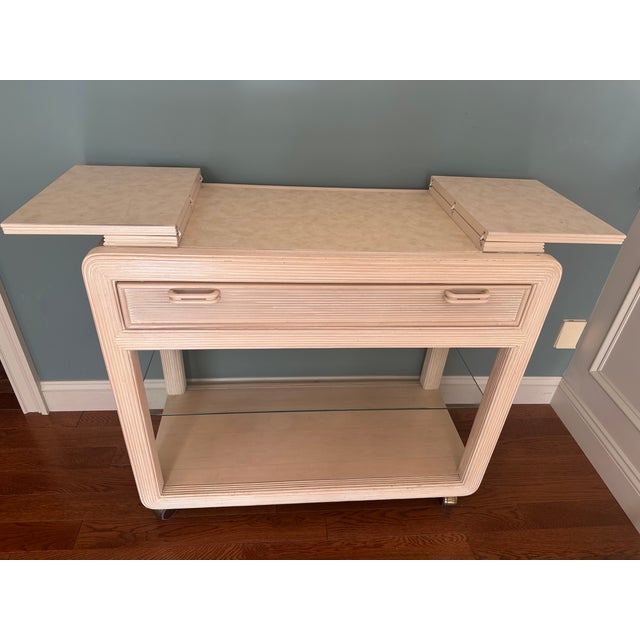Mid-Century Modern Vintage Pencil Reed Server by American Drew With Expanding Table Top & White Wash Wood For Sale - Image 3 of 11