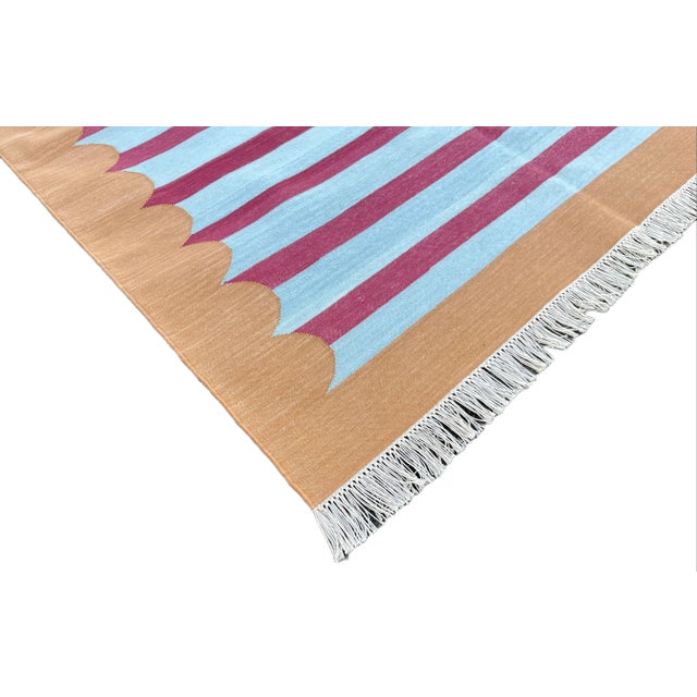 Handmade Cotton Area Rug Vegetable Dyed Sky Blue, Pink and Tan Striped Rug-10'x14' For Sale - Image 6 of 11