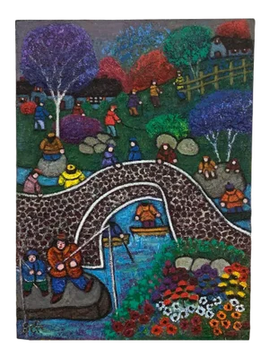 Mid 20th Century "Father and Son Fishing" Expressionist Folk Art Style Figurative Oil Painting by Bea Haverbusch