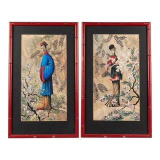 Vintage Mid Century Chinoiserie Pair Framed Prints D. Voaguest Red Faux Bamboo 24" For Sale