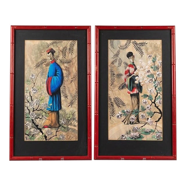 Vintage Mid Century Chinoiserie Pair Framed Prints D. Voaguest Red Faux Bamboo 24" For Sale
