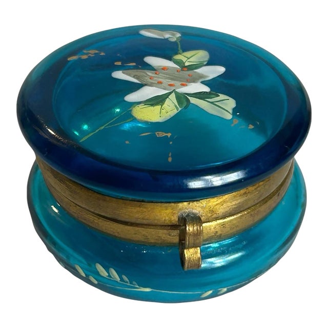 Antique Victorian Vanity Trinket Box Bohemian Floral Painted Cobalt Blue Glass For Sale
