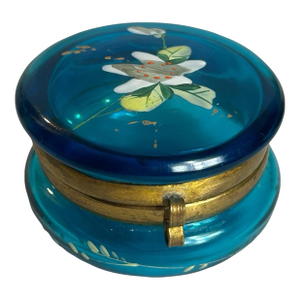 Antique Victorian Vanity Trinket Box Bohemian Floral Painted Cobalt Blue Glass