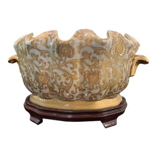 Gold Asian Cachepot and Wood Base For Sale