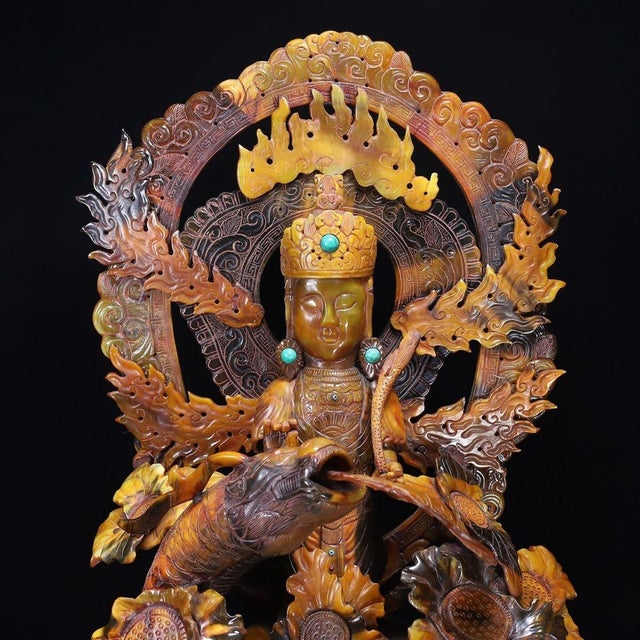 Late 19th Century Late 19th Century Large Carved Faux Horn Bodhisattva on Dragon Sculpture For Sale - Image 5 of 10