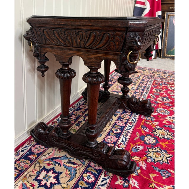 Antique French Oak Renaissance Revival Library Dolphin Table Desk C. 1880s For Sale - Image 17 of 18