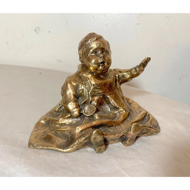 Metal Antique Polished Signed Bronze Statue of a Baby With Spoon Sculpture Figure For Sale - Image 7 of 14