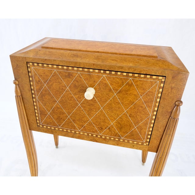 Art Deco Diamond Inlay Drop Front Burl Wood Stand Side Table Fluted Tapered Leg For Sale - Image 9 of 12