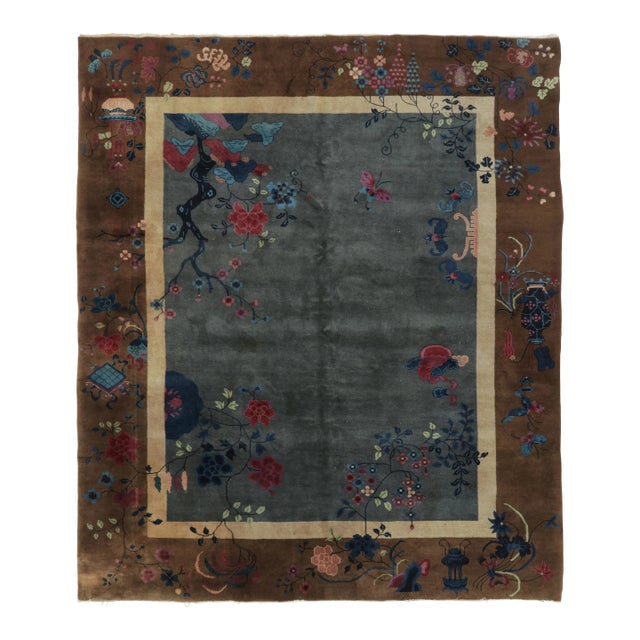 Antique 20th Century Chinese Deco Rug With Flowers & Pictorials - Rug & Kilim For Sale