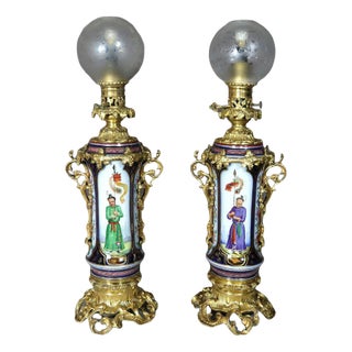 Porcelain & Golden Bronze Lamps, Set of 2 For Sale
