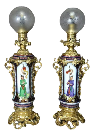 Porcelain & Golden Bronze Lamps, Set of 2