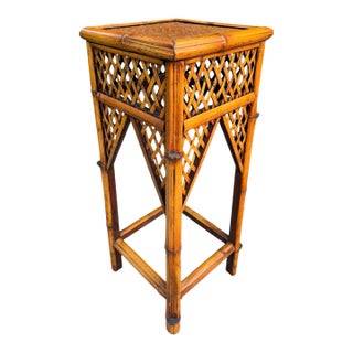Vintage 34” Burnt Split Bamboo & Woven Rattan Pedestal Plant Stand For Sale
