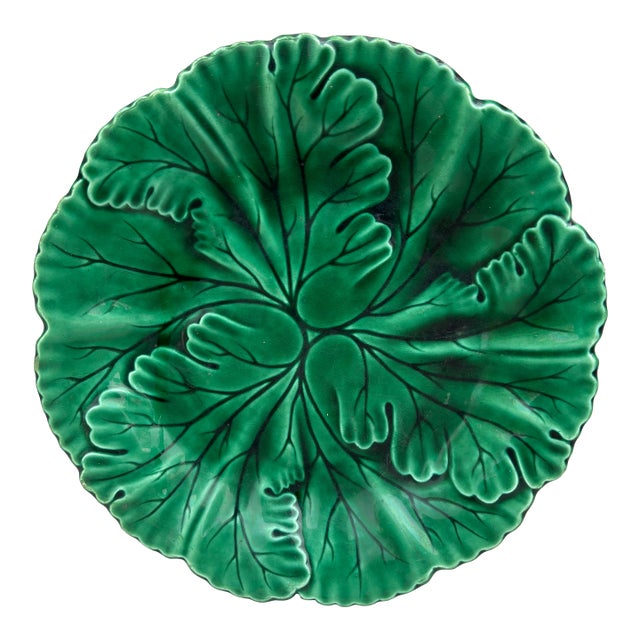 French Green Majolica Leaves Plate Clairefontaine, Circa 1890 For Sale