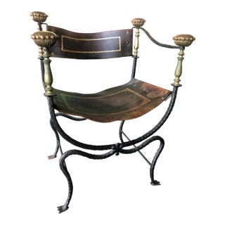 Curule Savonarola Wrought Iron and Leather Chair For Sale