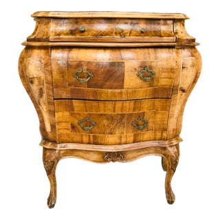Vintage Italian Olive Walnut Burl Wood Bombe Commode For Sale