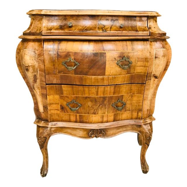 Vintage Italian Olive Walnut Burl Wood Bombe Commode For Sale