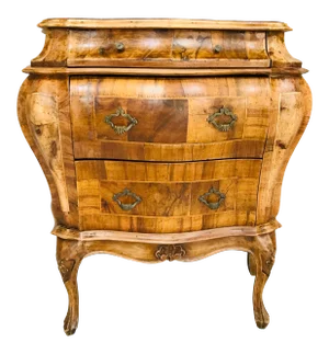 Vintage Italian Olive Walnut Burl Wood Bombe Commode