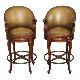 Early 21st Century Theodore Alexander French Style Swivel Bar Stool - A Pair For Sale