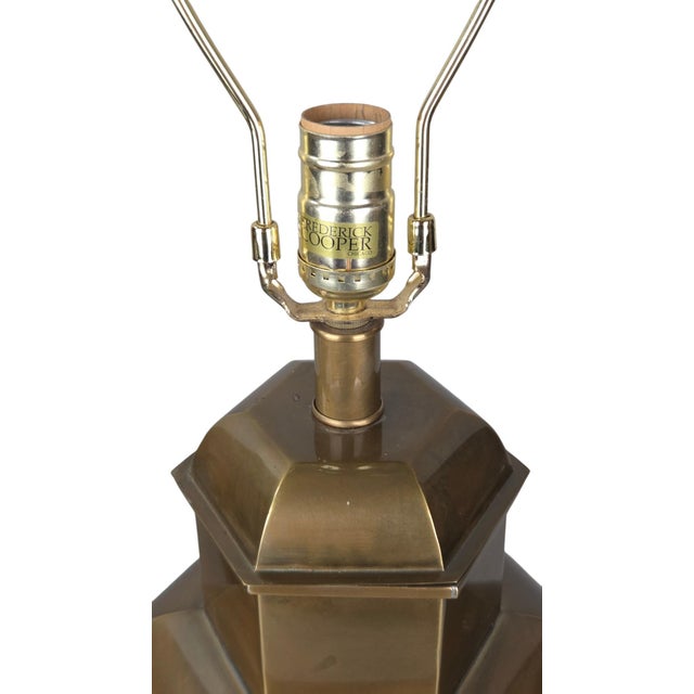 Brass Vintage Frederick Cooper Hexagonal Brass Urn Lamp With Relief Chinoiserie Tole Shade For Sale - Image 8 of 12