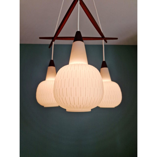 Scandinavian Chandelier in Teak and White Opaline Glass, 1960s For Sale - Image 15 of 18