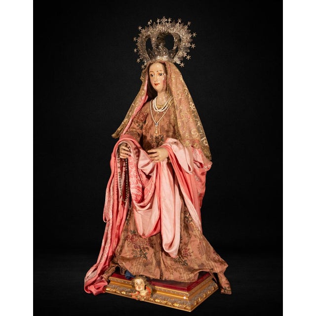 18th Century Colonial Peruvian Maguey Wood Virgin with Silver Crown For Sale - Image 5 of 10