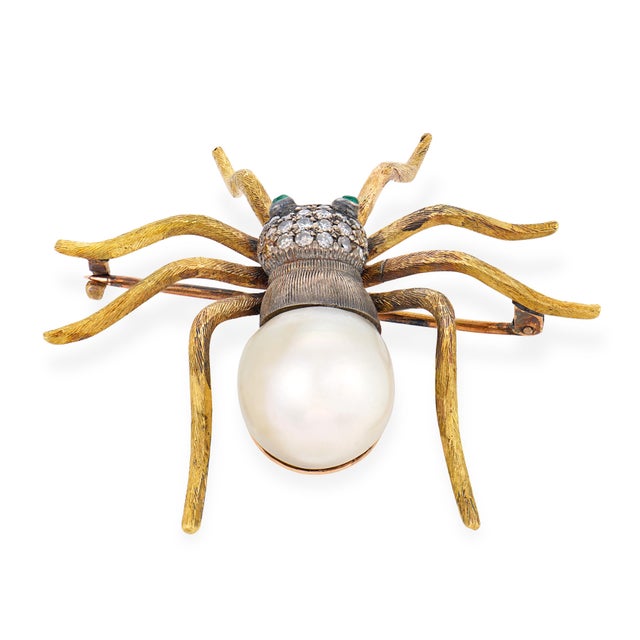 Contemporary Vintage Pearl Diamond 18k Yellow Gold Silver Spider Brooch For Sale - Image 3 of 6