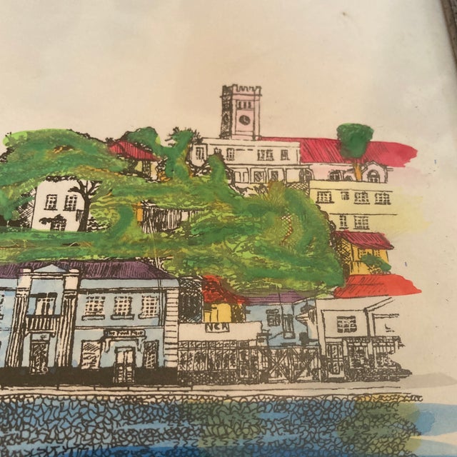 Blue 1980s Michael Donelan Watercolor "Grenada Seaside" — Panoramic Dark Wood Frame For Sale - Image 8 of 12