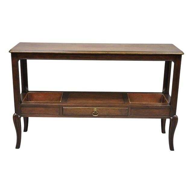 Vintage Baker Dark Cherry Wood Narrow French Console Hall Table W Copper Inserts For Sale