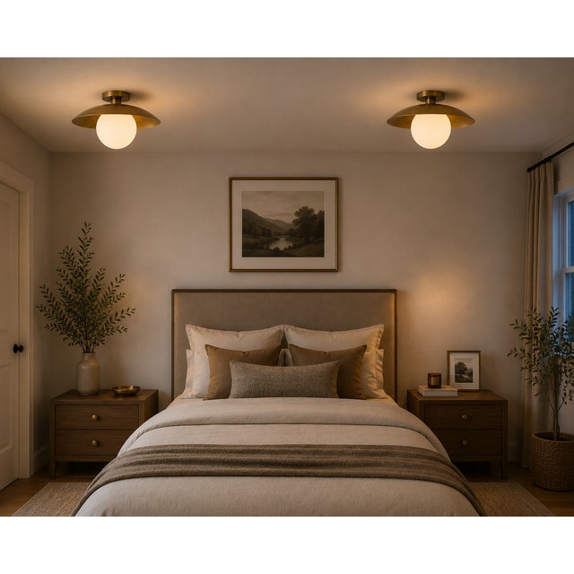 Handcrafted Solid Brass Flush Mount Ceiling Light With Opal Glass Globe For Sale - Image 4 of 9