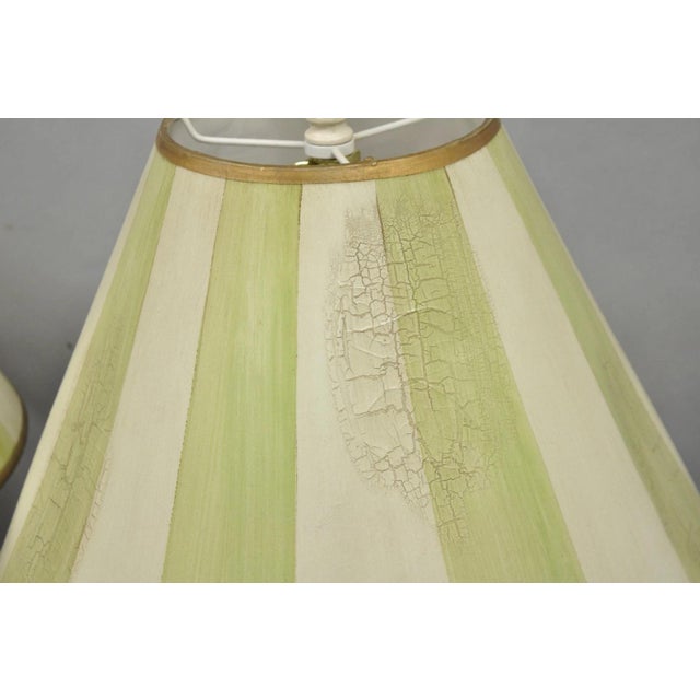 Metal Late 20th Century French Country Cream & Green Distressed Tole Metal Cylinder Table Lamps - A Pair For Sale - Image 7 of 14