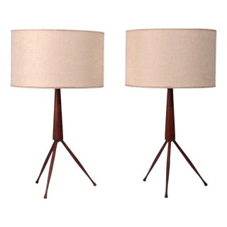 Danish Modern, Tripod Table Lamps, Teak, Fabric, Denmark, 1960s For Sale