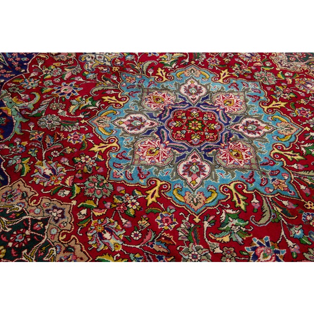 1930s Handmade Tabriz Red Wool Rug Featuring a Rosette Design For Sale - Image 9 of 9