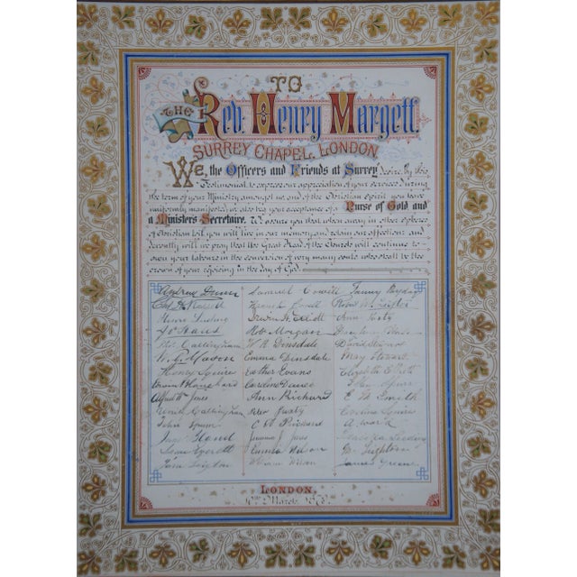 Antique 1879 Illustrated Certificate Rev Henry Margett Surrey Chapel London, Framed For Sale - Image 4 of 11