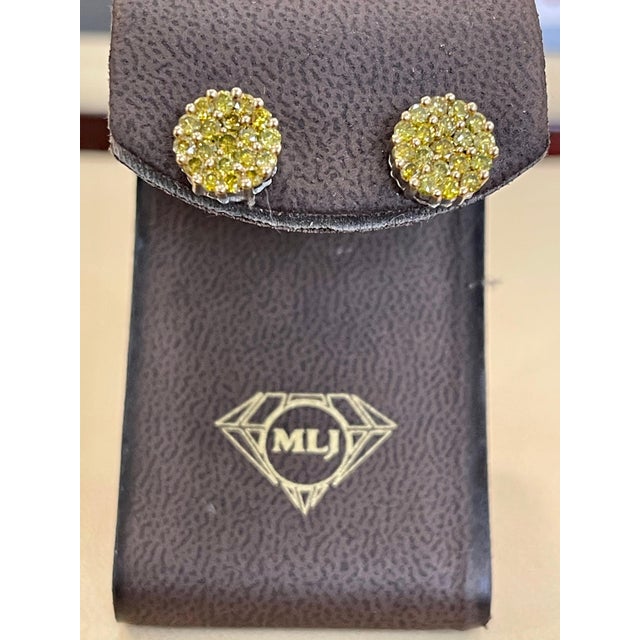 2 Carat Yellow Diamond Floral Cluster Flower Stud Earrings 14 Karat White Gold For Sale - Image 9 of 18