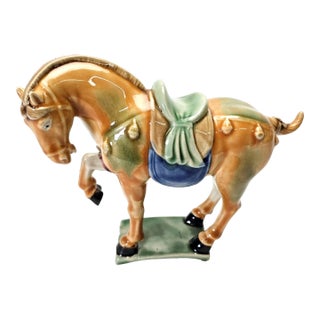 Glazed Ceramic Sancai Golden Horse Figurine For Sale