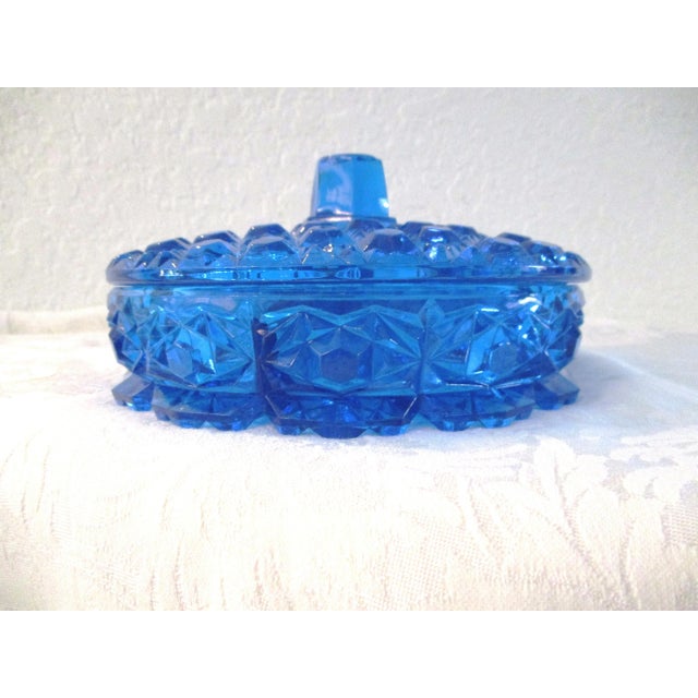 Mid-Century Modern Mid-Century Lazer Blue Cut Glass Lidded Divided Bowl For Sale - Image 3 of 9