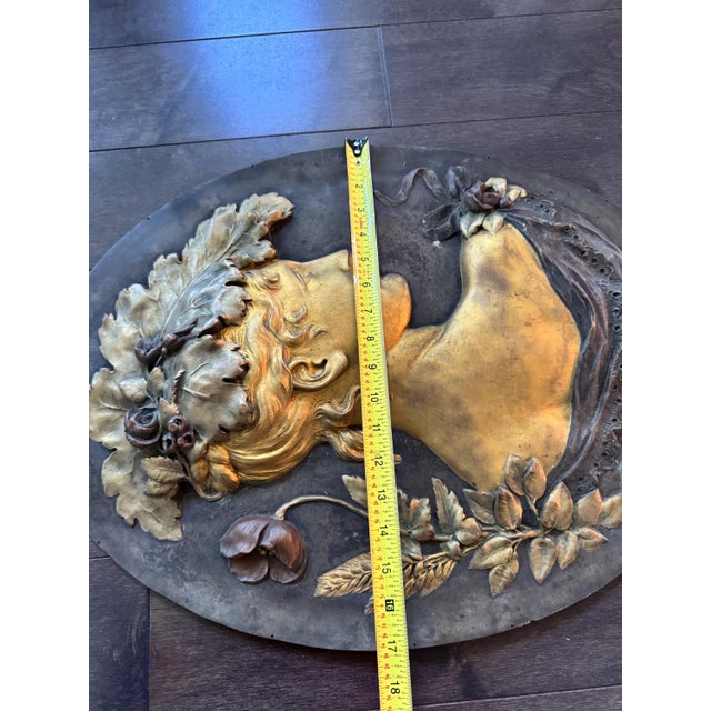 Gold Mid 20th Century Pair of Oval Art Nouveau Gilt Metal Bas Relief Figure Bust Cameo Wall Plaques 23"x17" For Sale - Image 8 of 10