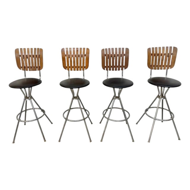 Mid-Century Modern Umanoff Style Slatted Swivel Bar Stools - Set of 4 For Sale