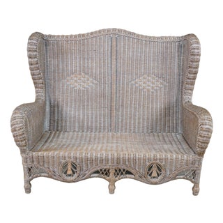 Late 20th Century Victorian Revival Large Woven Wicker Wingback Settee Lounge Bench Loveseat For Sale
