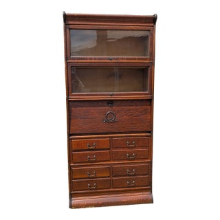 Antique Quartersawn Oak 5 Sections Stacking Barrister Bookcase With Desk 1900s For Sale