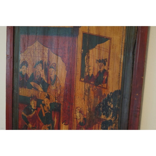 Mid 19th Century Antique Chinese Hand Painted Elm Wood Wall Panel For Sale - Image 5 of 9