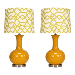 Late 20th Century 70s-Style Mustard Ceramic Gourd Table Lamps With Geometric Shades - a Pair For Sale