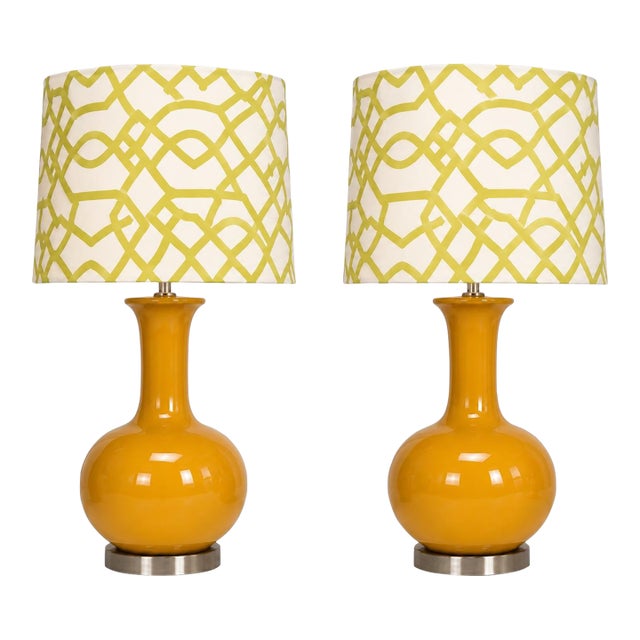 Late 20th Century 70s-Style Mustard Ceramic Gourd Table Lamps With Geometric Shades - a Pair For Sale
