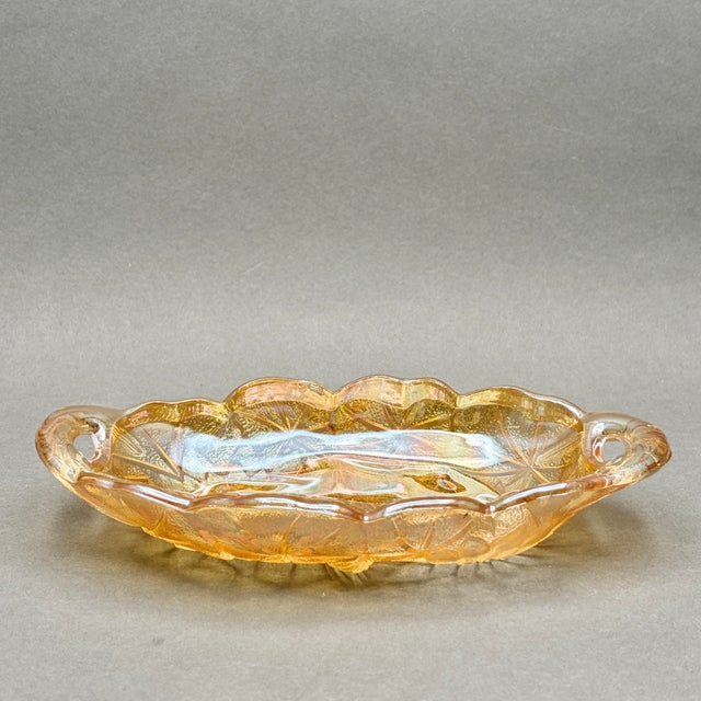 Mid-Century Modern Vintage Indiana Glass “Lily Pons Sunflower” Marigold Carnival Glass Relish Dish With Handles For Sale - Image 3 of 9