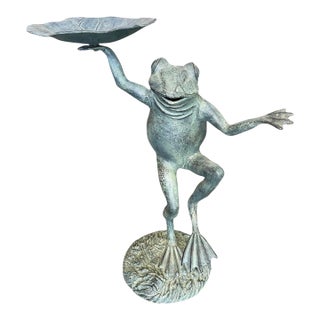 Whimsical Vintage Verdigris Bronze Dancing Frog Garden Sculpture & Bird Bath For Sale