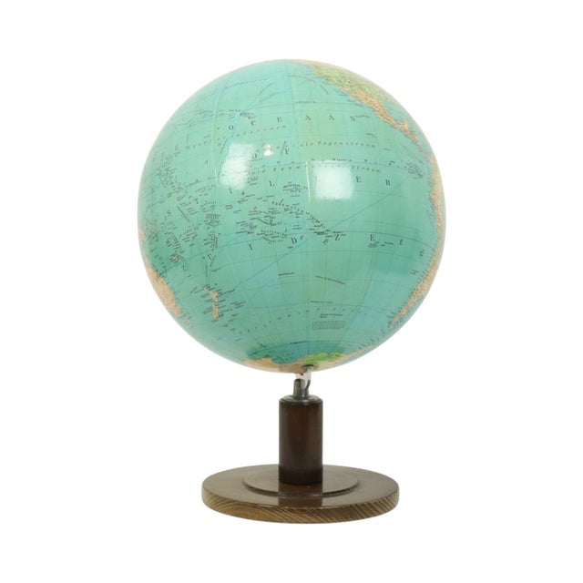 Large vintage Dutch-language globe with metal protractor and wooden base, marked Columbus Terrestrial Globe, circa 1950s....