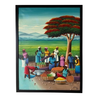 Vintage Barnes Folk Art Market Scene Oil on Canvas Painting – Framed For Sale