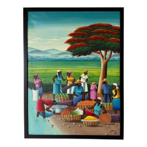 Vintage Barnes Folk Art Market Scene Oil on Canvas Painting – Framed