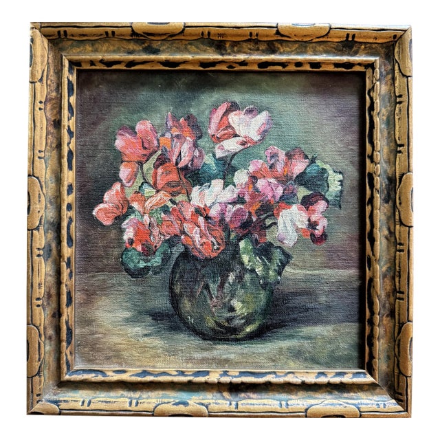 1930s/40s Petite Square Floral Oil Painting For Sale