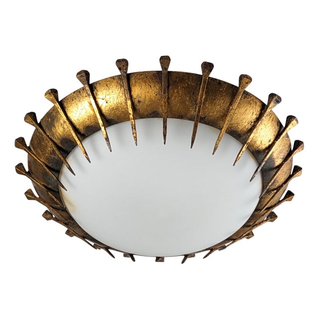 Forged Nails Sun Lamp in Gold Leaf and Milk Glass, France, 1950s For Sale